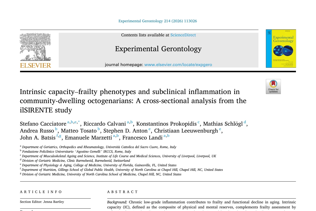 First page of the Experimental Gerontology article on intrinsic capacity, frailty, and inflammation