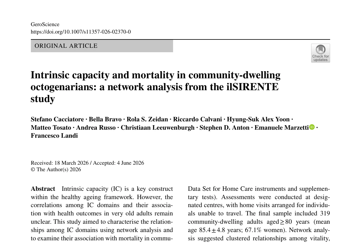 First page of the GeroScience article on intrinsic capacity and mortality