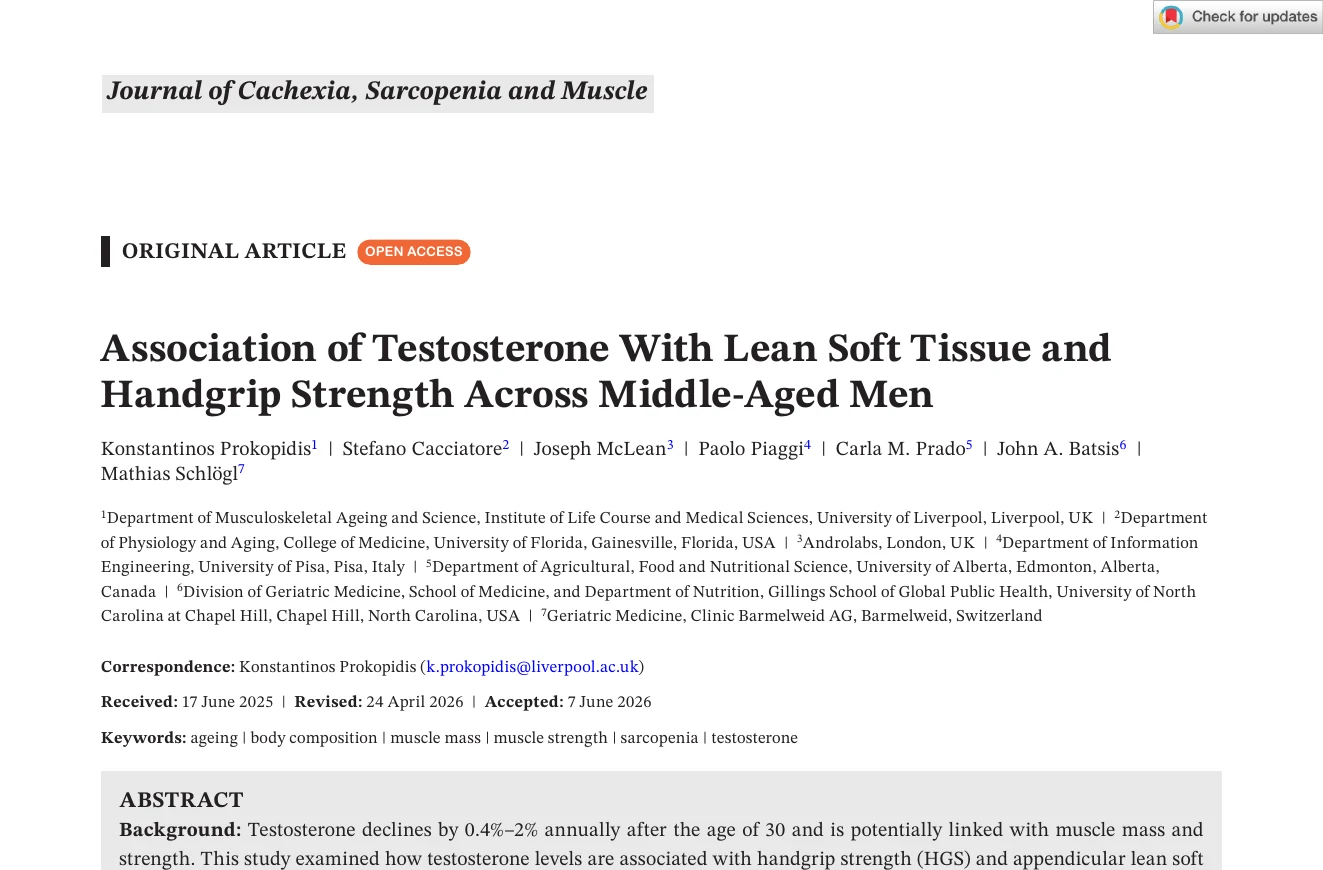 First page of the Journal of Cachexia, Sarcopenia and Muscle article on testosterone and muscle health